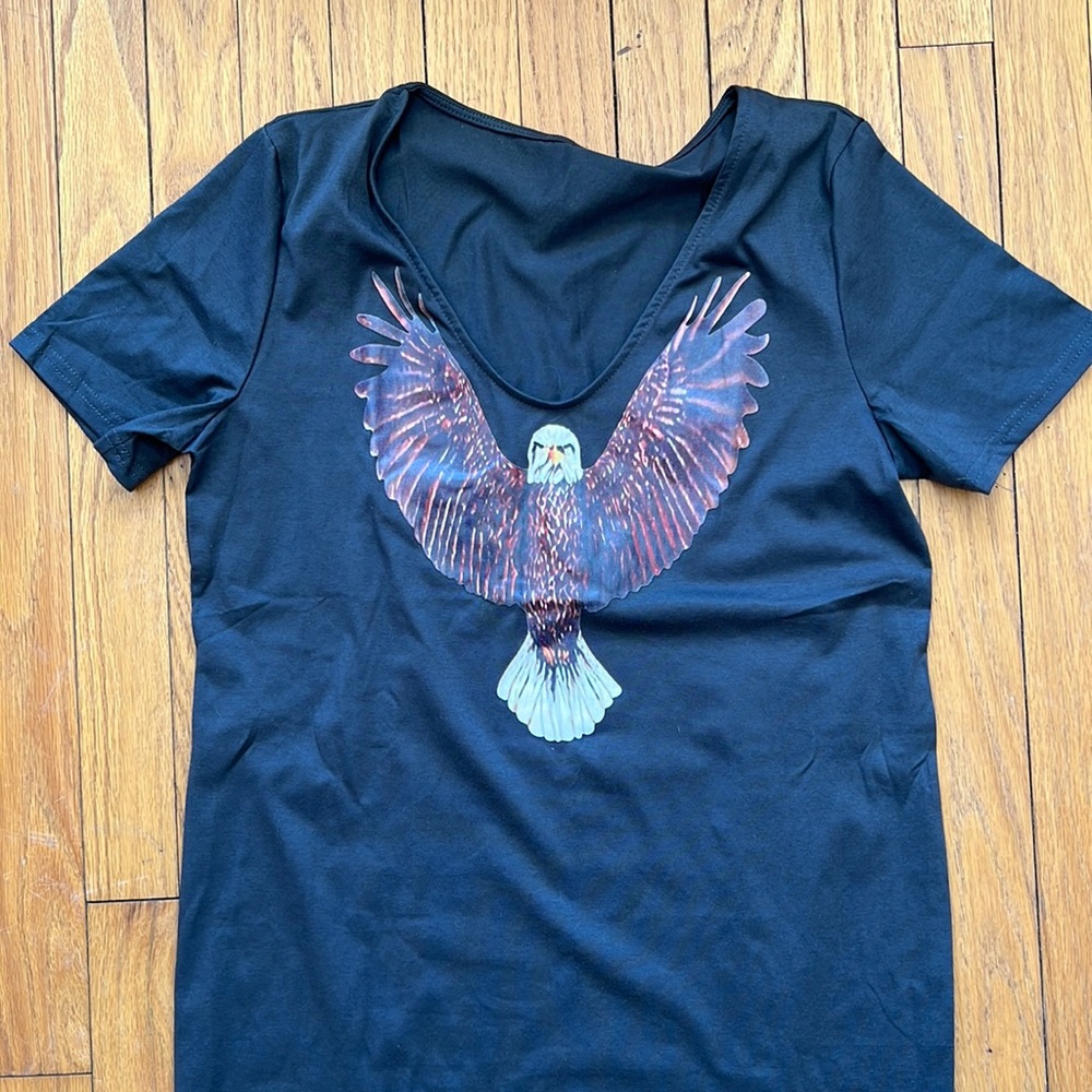 A dark grey v neck/scoop flying bald eagle dress